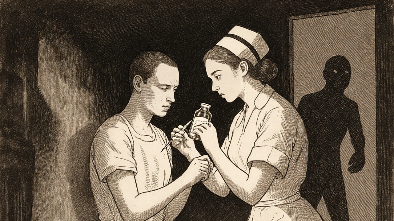 A nurse giving an injection to a nervous patient, with dramatic lighting and detailed inkwork.