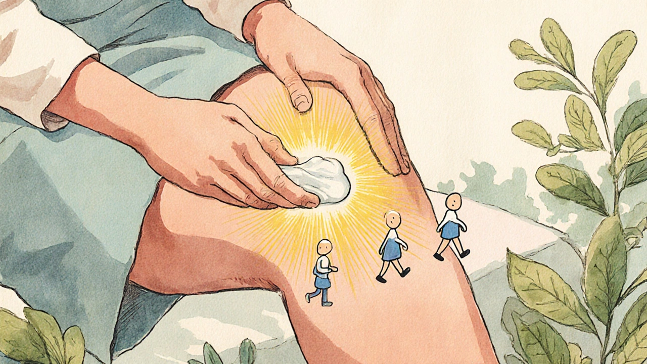 A patient applying cream to their knee, with glowing medicine molecules and botanical details.