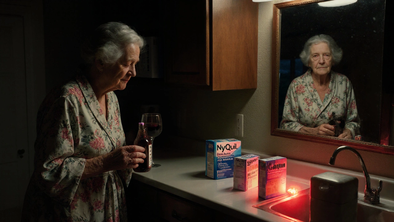 An elderly woman unsteadily holding wine and sleep medication, ghostly reflection, warning symbols.