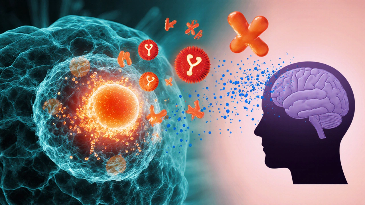 Cell illustration showing overloaded mitochondria, thyroid hormones, antibodies, and brain fog.