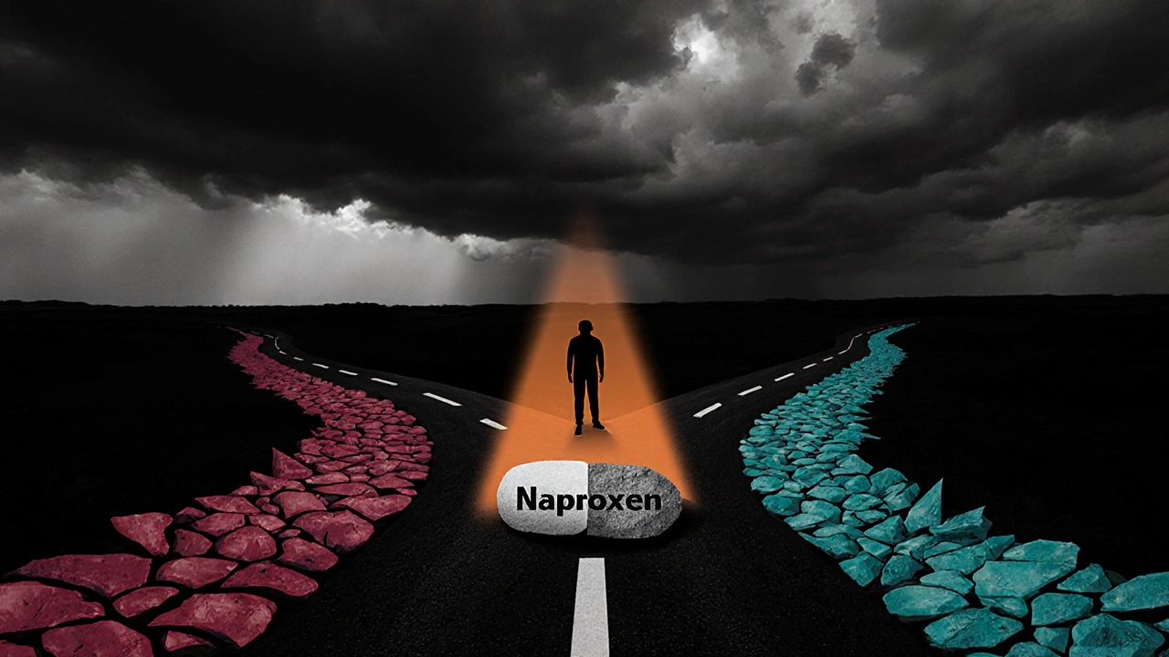 Crossroads scene with illuminated naproxen pill path indicating a health decision.