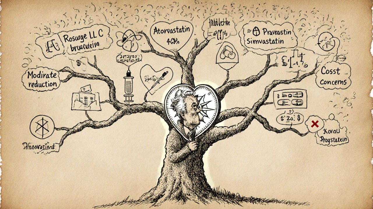 Decision‑tree map showing medication choices, cost, and interaction warnings for a senior patient.