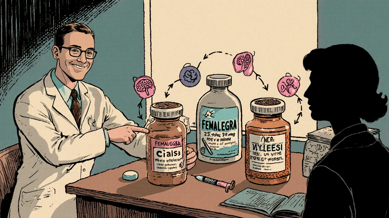 Desk with various sexual health medication bottles and icons, doctor pointing at Femalegra.