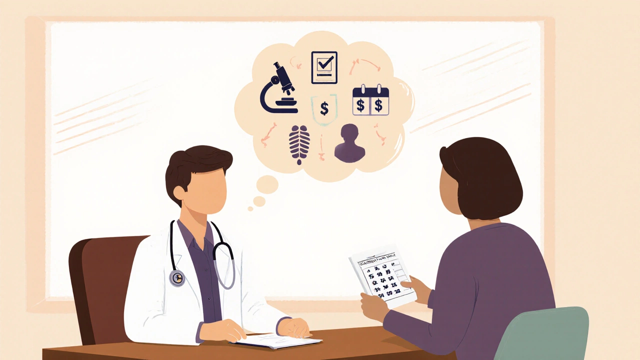 Doctor and patient discussing treatment, with a thought bubble showing icons for pathogen, allergy, bone, pregnancy, cost, and adherence.