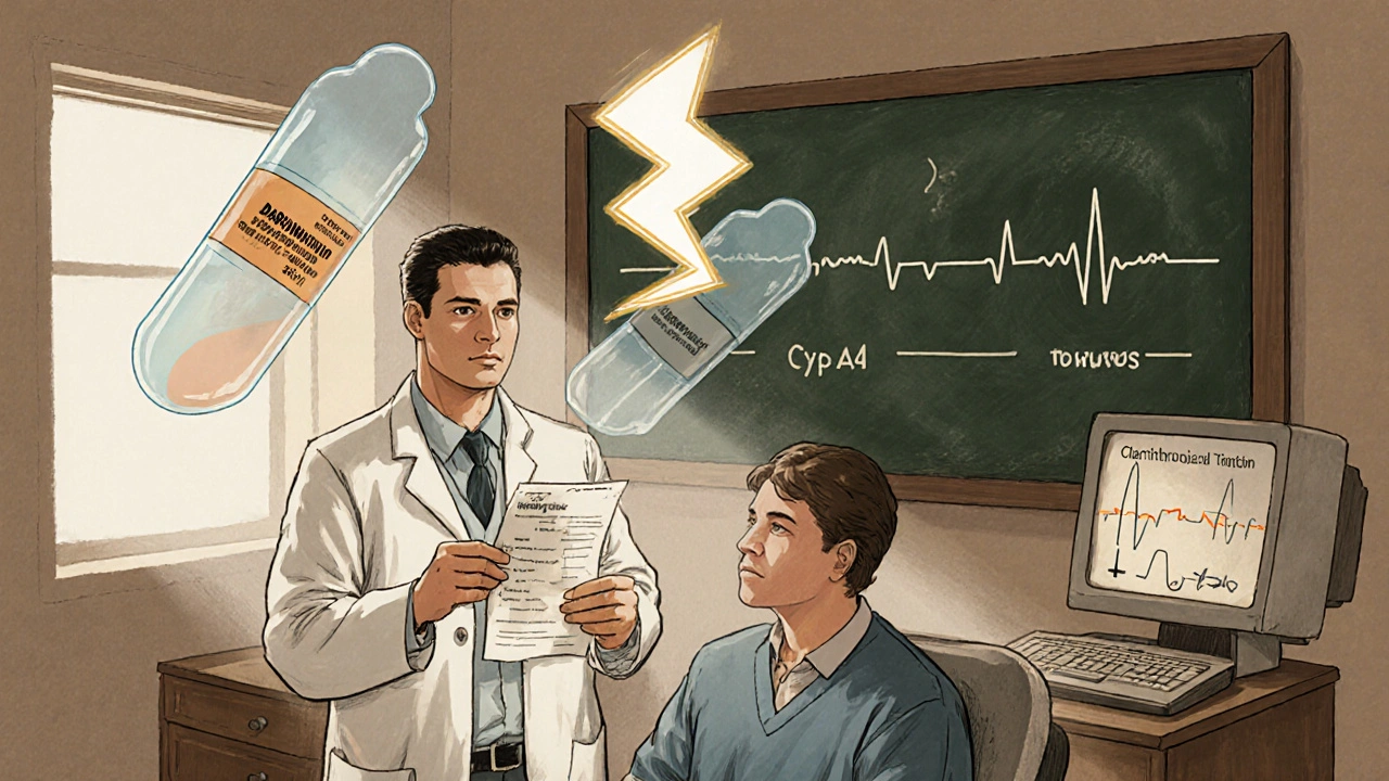 Doctor and patient in clinic with clashing darunavir and clarithromycin icons causing a lightning bolt.