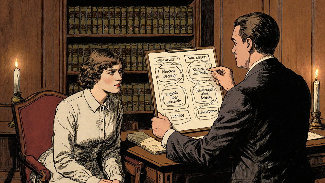 Doctor and patient reviewing overlapping side effects of medications in a vintage office setting.