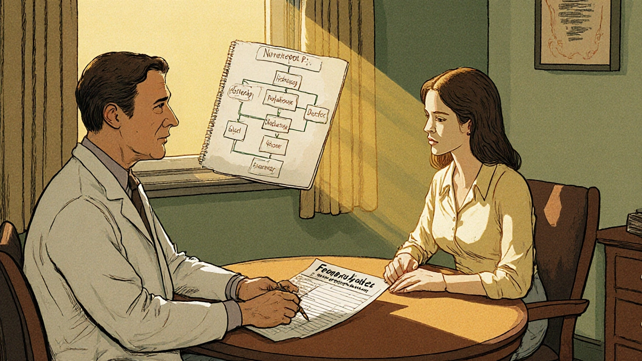 Doctor handing a Femalegra prescription to a woman in a warmly lit office.