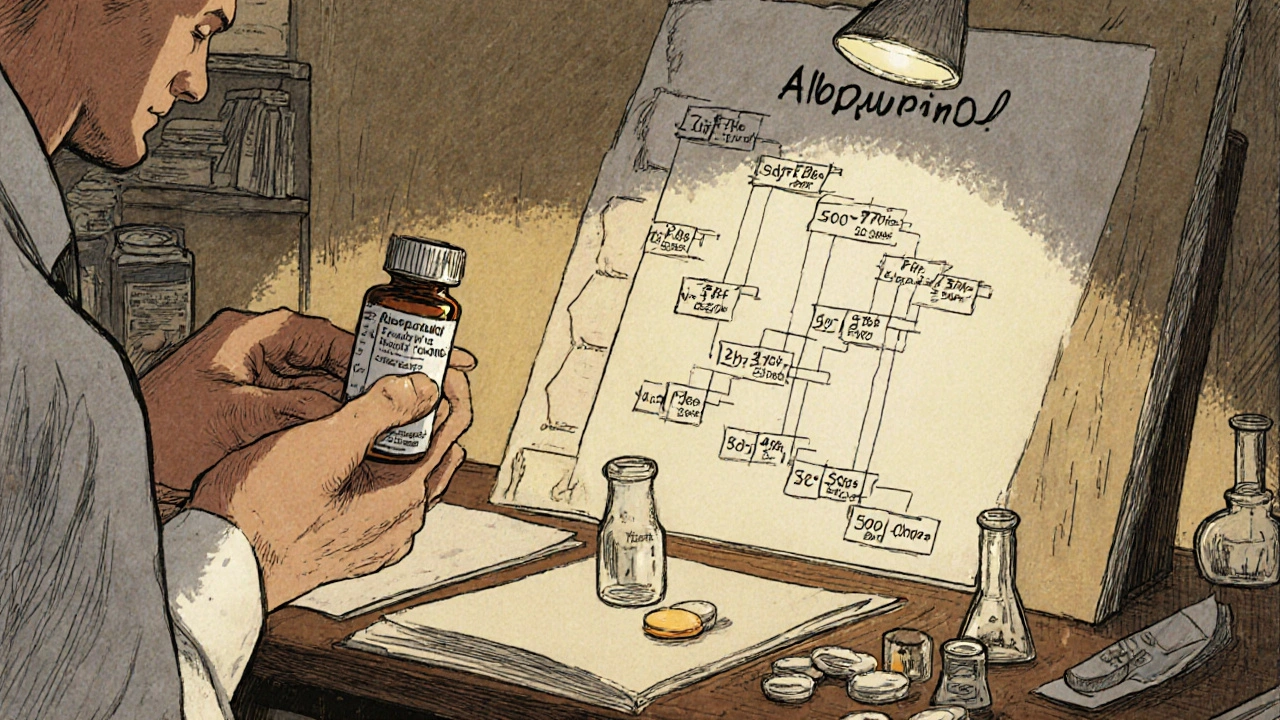 Doctor presenting Allopurinol tablets beside lab vials and a dosage staircase illustration.