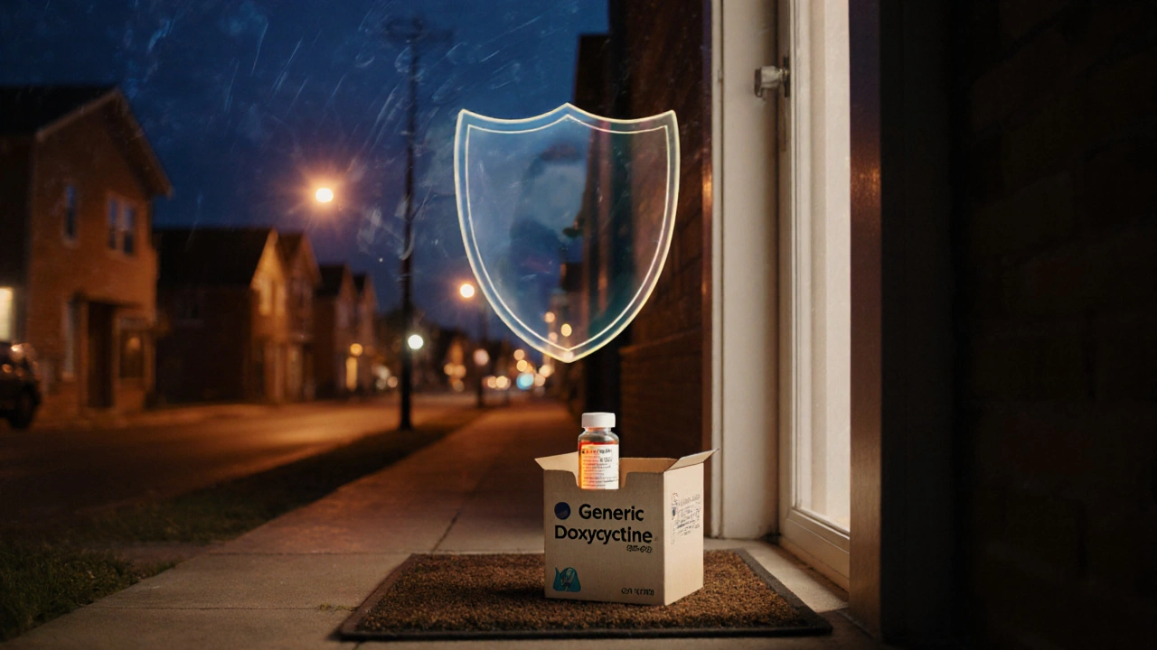 Doorstep scene with a package of doxycycline, a glowing bottle, and a protective shield overlay.