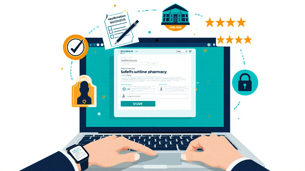 Flat‑design illustration of a laptop with icons for prescription, registration, reviews, and privacy.