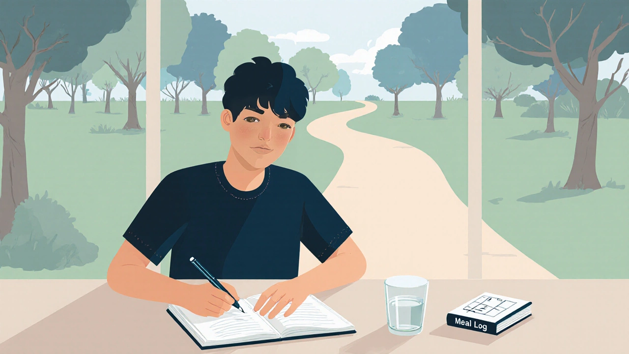 Flat illustration of someone journaling a food log beside water, with park view for a post‑meal walk.