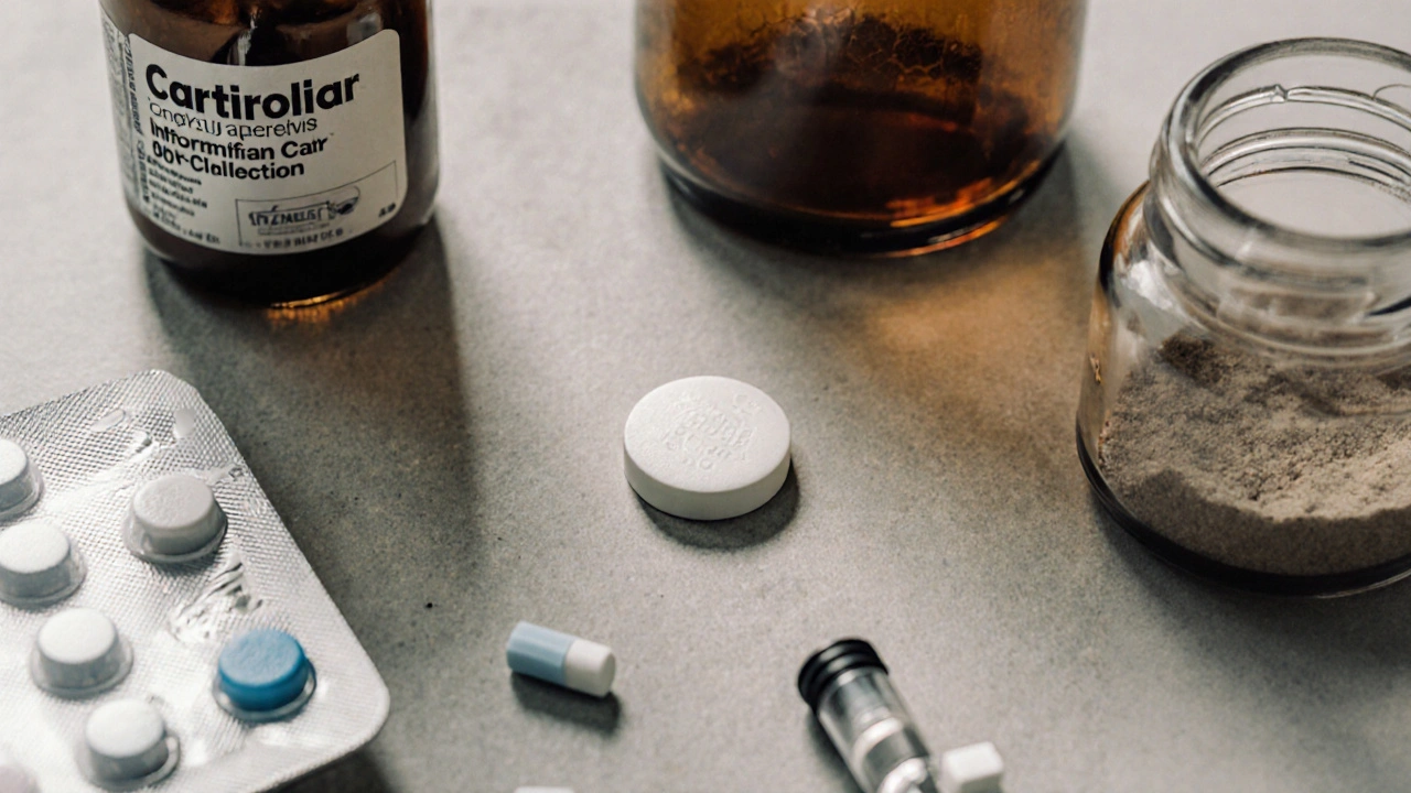 Flat‑lay of various osteoarthritis medicines: Cartidin tablet, ibuprofen, paracetamol, celecoxib, glucosamine jar, and a hyaluronic‑acid syringe.