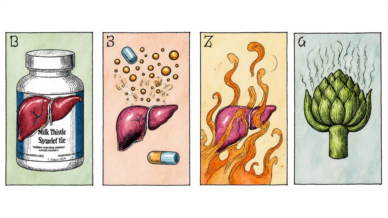 Four cartoon panels comparing milk thistle, Essentiale, turmeric, artichoke leaf, and Liv.52 with liver‑health icons.