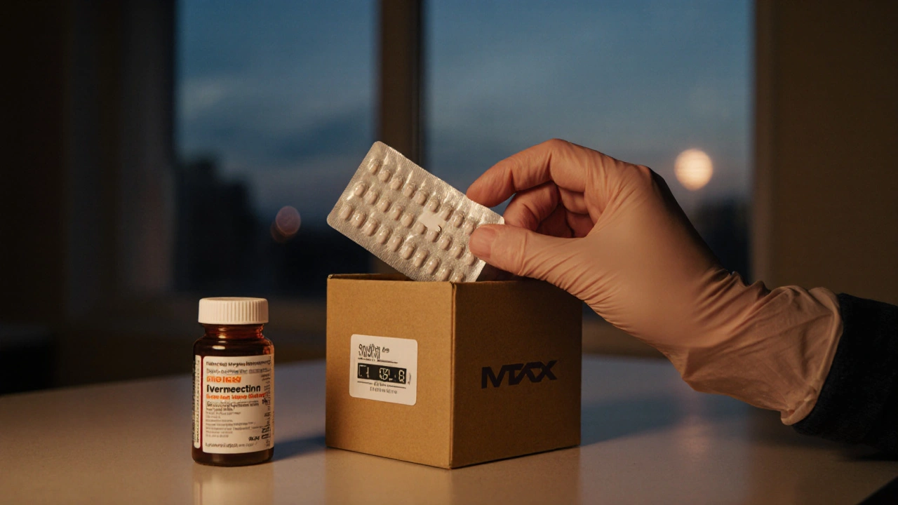 Hand in gloves inspecting delivered ivermectin tablets for authenticity.