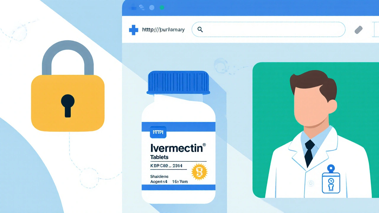 Illustrated pharmacy page showing security icons and ivermectin bottle details.