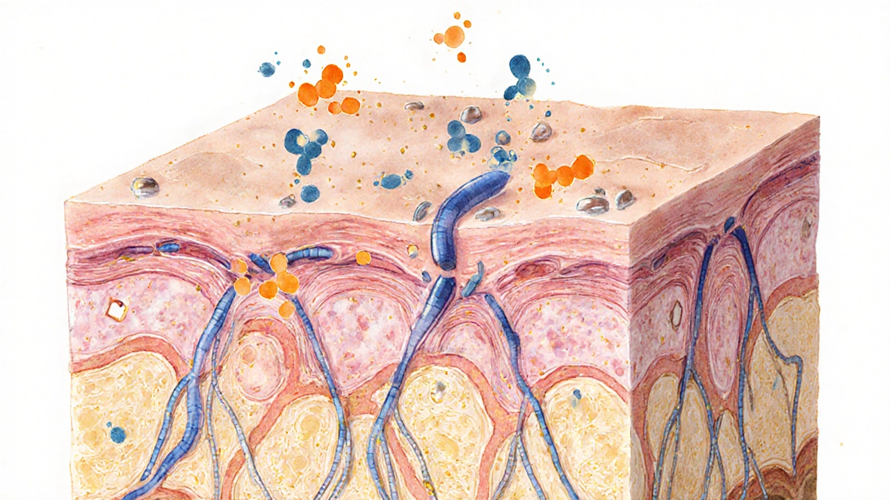 Illustration of skin layers showing retinoid molecules binding receptors and collagen buildup.