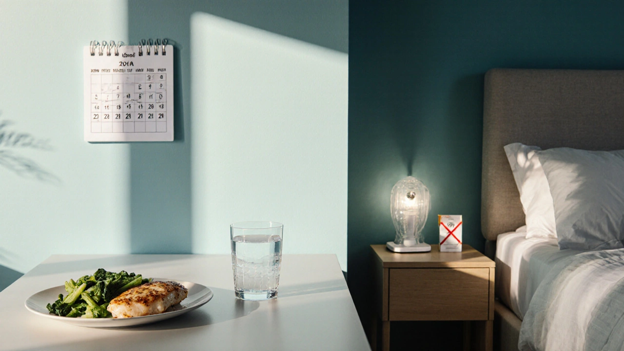 Kitchen and bedroom scene showing healthy meals, elevated mattress, water bottle, and no‑smoking symbols.