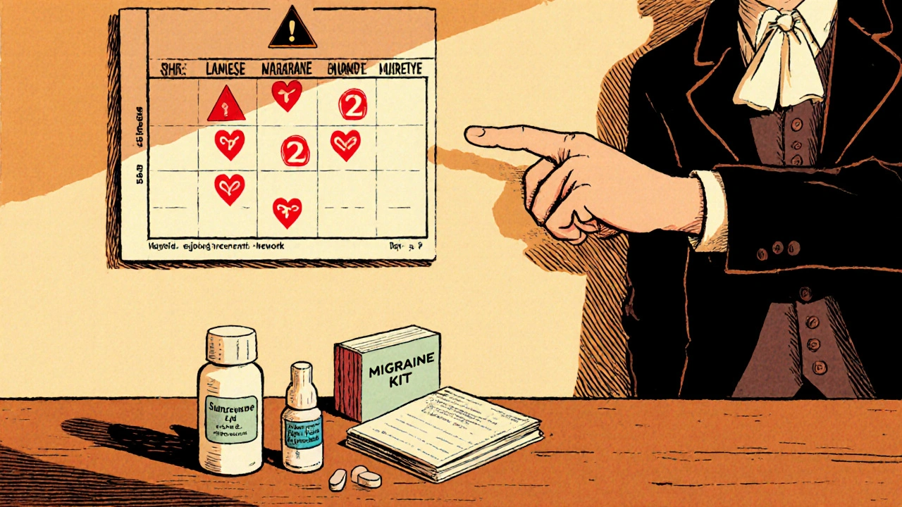 Migraine kit with medication and log beside cycle chart and doctor, highlighting preparation and safety.