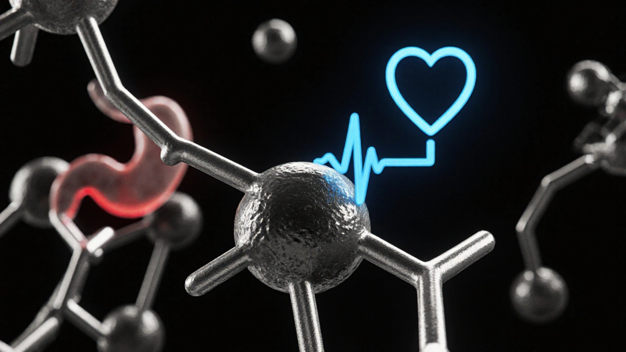 Molecular view of naproxen interacting with COX enzymes, stomach and heart highlights.