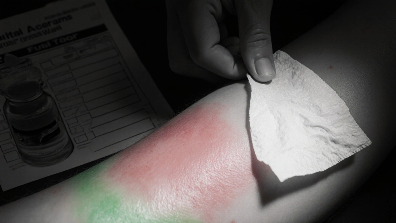 Nurse examines a partially healed burn after fusidic acid treatment.