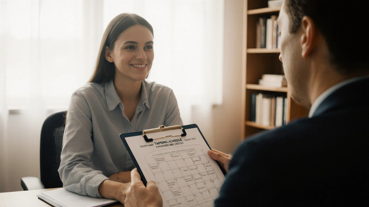 Patient and psychiatrist discussing medication switch in a calm office.