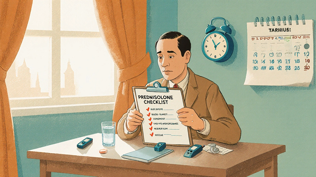 Patient checks a medication safety list with glucose meter and calendar.