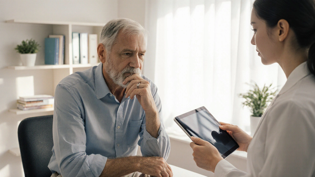 Patient discussing knee pain with a doctor in a bright clinic, examining treatment options.