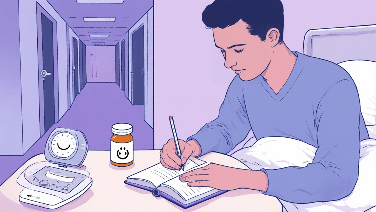 Patient tracks itch and sleep at bedside with pill bottle, diary, and hints of future clinical trial.
