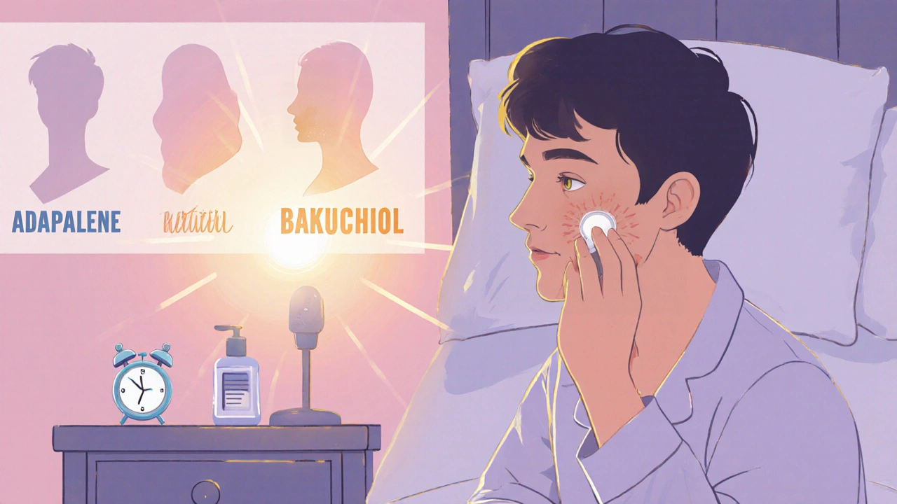 Person applying tretinoin at night, sunrise hinting sunscreen, with faint silhouettes of alternative products.