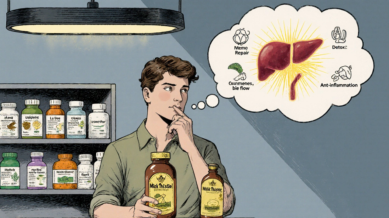 Person at pharmacy counter choosing a liver supplement, thought bubble shows a healthy liver with benefit icons.