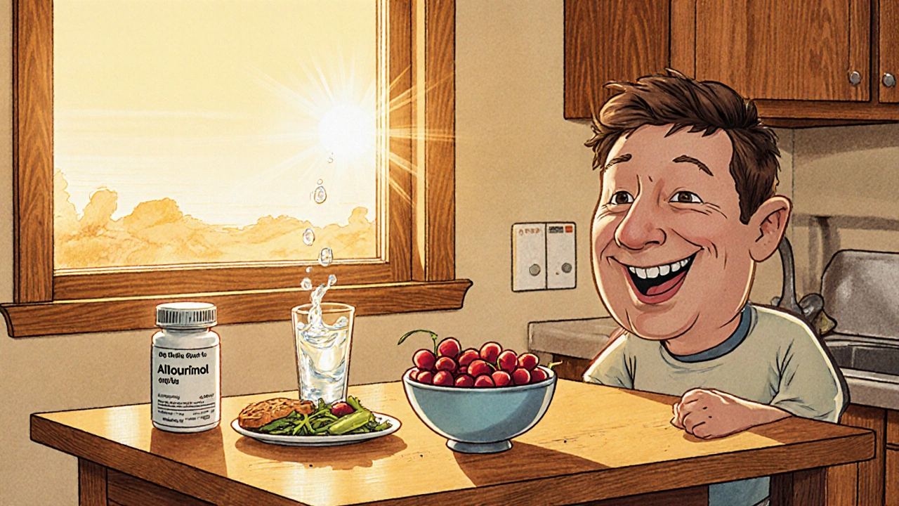 Person drinking water, eating cherries, and holding Allopurinol in a bright kitchen scene.