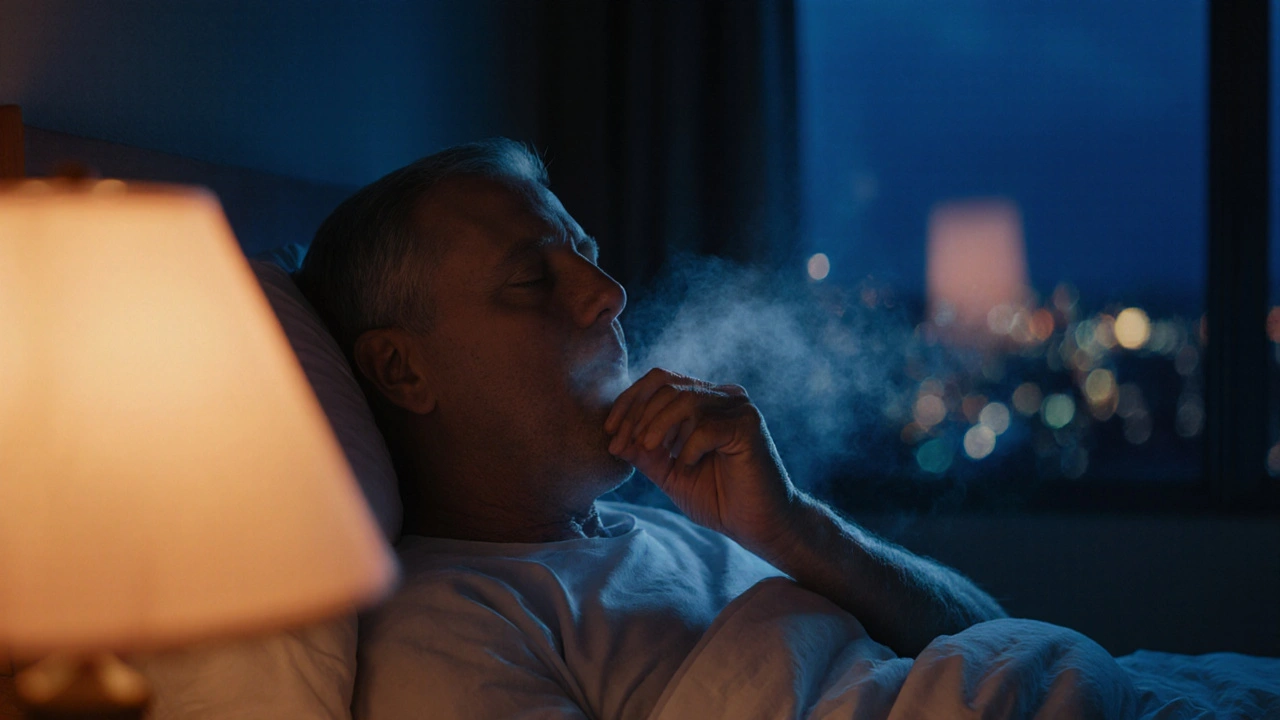 Person waking up, clearing throat, with faint acidic mist near the throat indicating silent reflux.