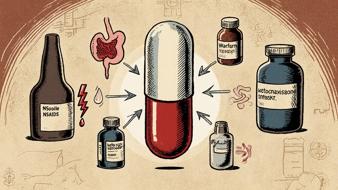 Prednisolone capsule surrounded by medicine bottles showing interaction effects.