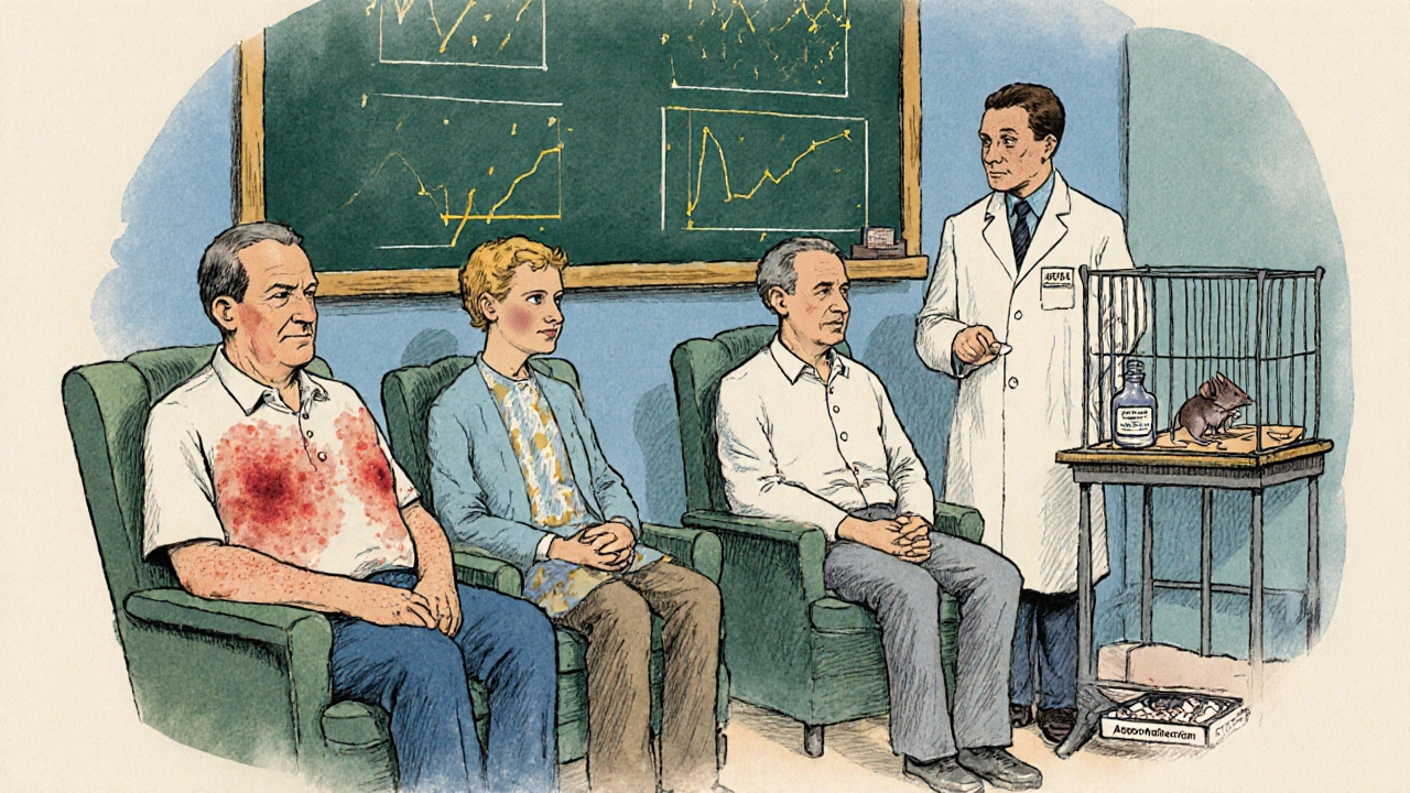 Research lab shows patients with eczema, a mouse model, and aripiprazole bottle in hopeful study scene.
