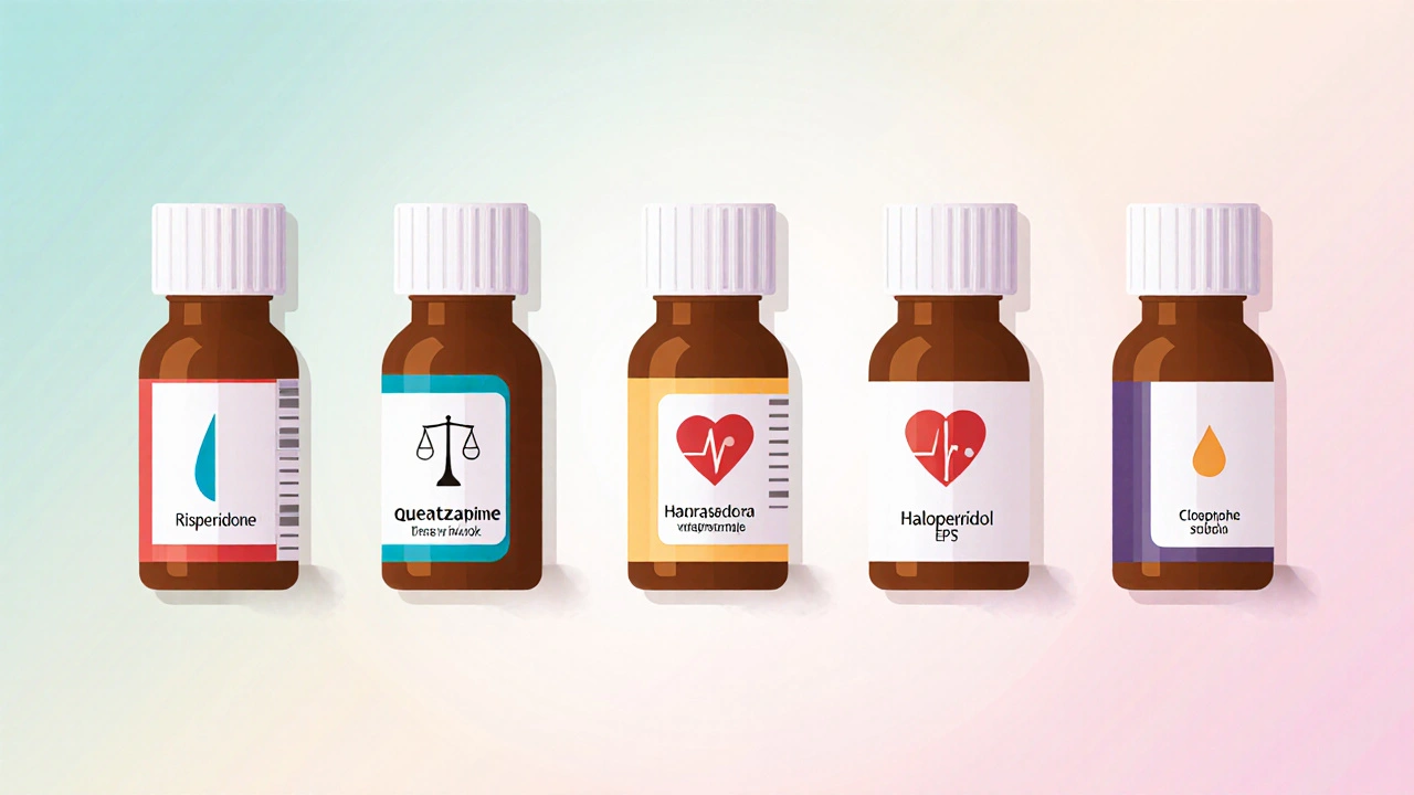 Row of medication bottles representing antipsychotic alternatives with side‑effect icons.