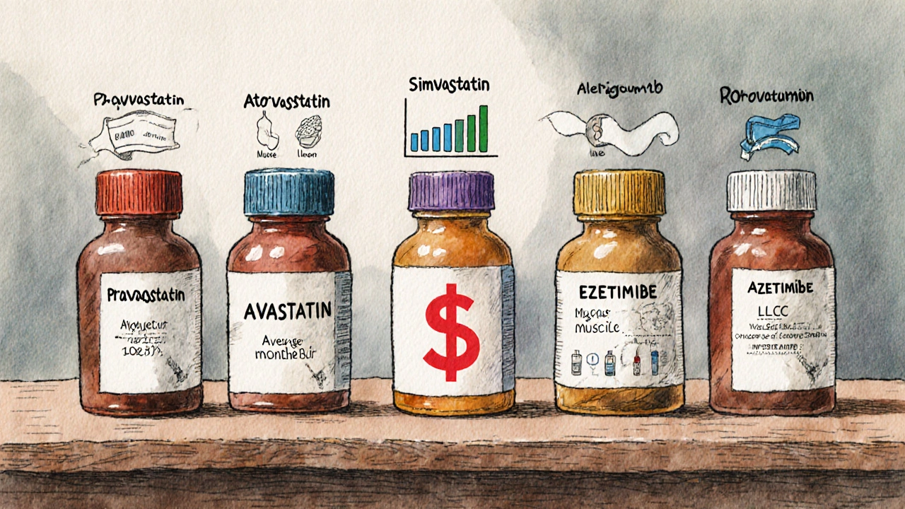Six medication bottles displayed with cost, efficacy bars, and side‑effect icons on a wooden table.