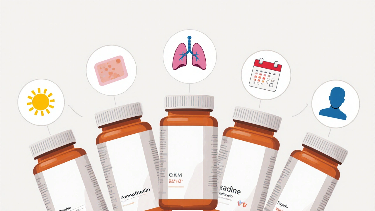 Six pill bottles with surrounding icons showing skin, lungs, sun, bone, calendar, and throat uses.
