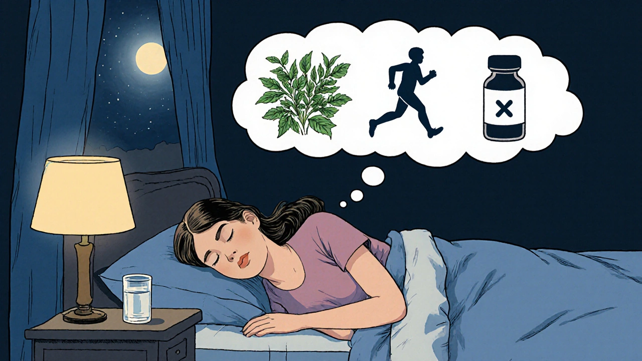 Sleeping woman with dream bubble showing garden, exercise, and hormone pill symbols.