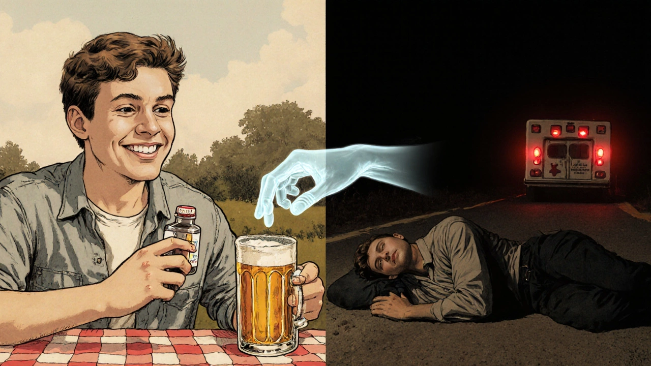 Split scene: person enjoying drink and pill, then collapsed on road, ghostly hand connecting them.