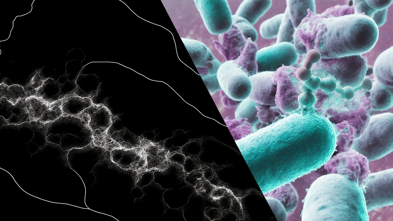 Split view showing Staph bacteria and fusidic acid binding to bacterial ribosome.