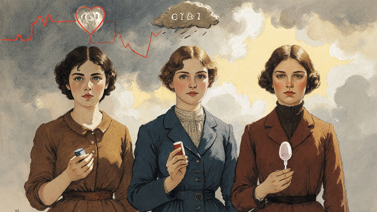 Three women symbolizing different antidepressants and birth control options with contrasting health outcomes.