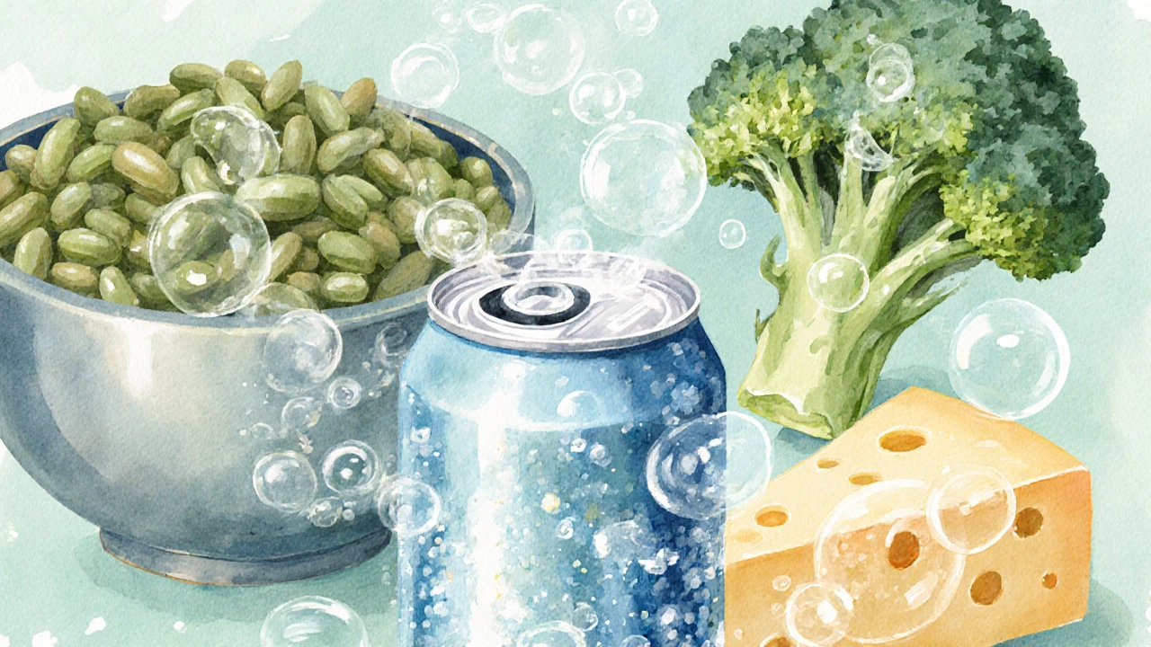 Watercolor collage of soda, beans, broccoli, cheese with swirling gas bubbles.