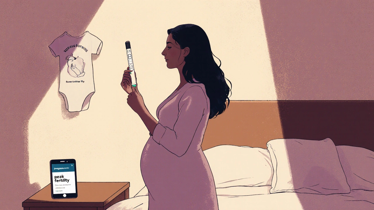 Woman celebrating pregnancy with a test strip and fertility app alert.