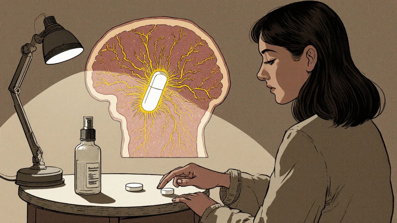 Woman takes sumatriptan tablet; glowing brain receptors show vasoconstriction effect.