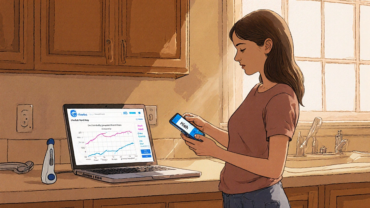 Woman viewing a digital ovulation test and app while checking her temperature.
