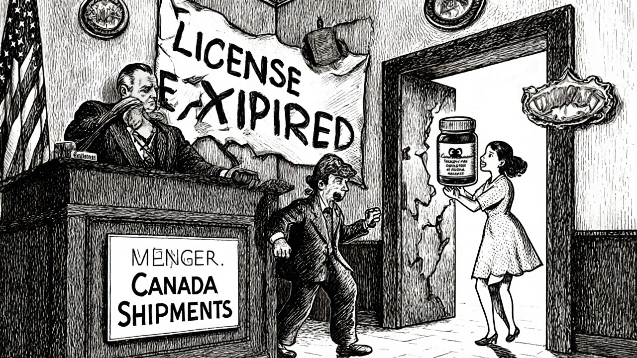 A courtroom scene with an expired pharmacy owner fleeing as a patient holds a dangerous pill, surrounded by FDA and NABP symbols.