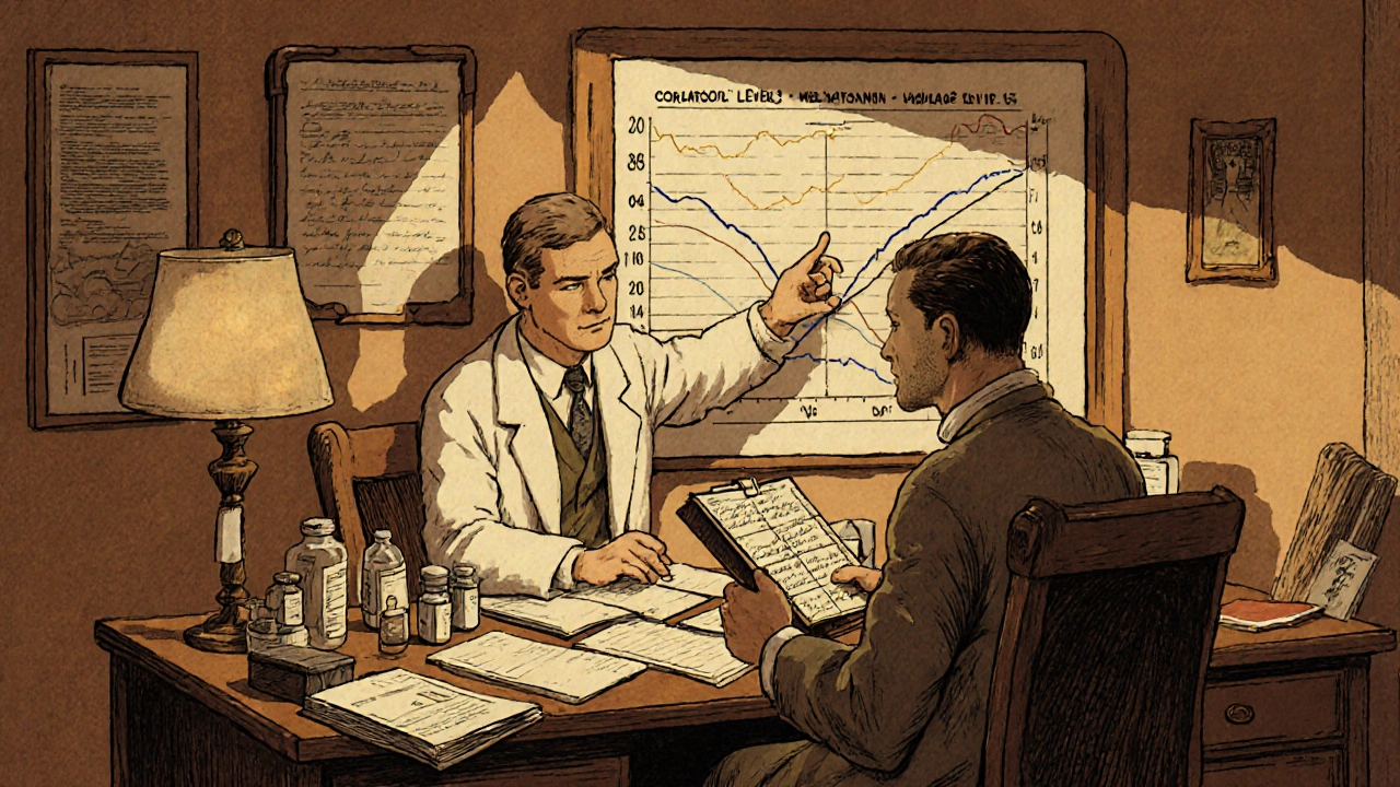 A doctor and patient reviewing a sleep chart and pill bottles at a wooden desk, illuminated by warm lamplight.