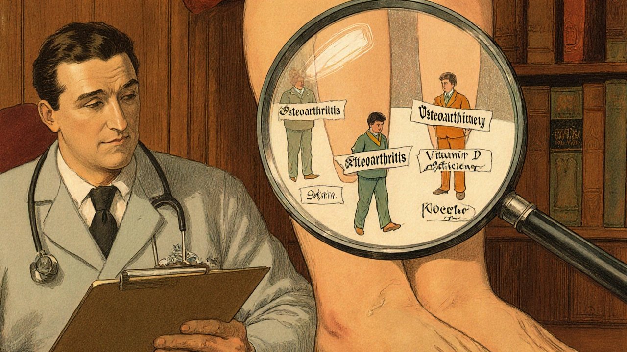 A doctor and patient under a magnifying glass revealing hidden causes of muscle pain, in warm vintage interior lighting.