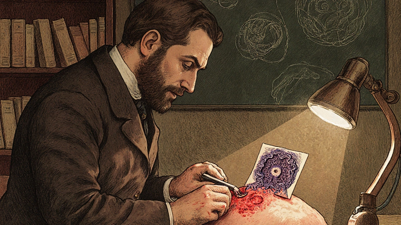 A doctor scrapes a ring-shaped rash as fungal hyphae appear under a microscope, in a vintage medical setting.