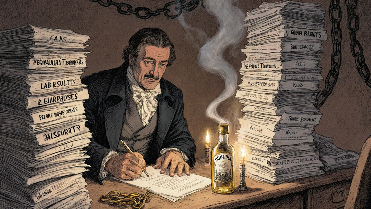 A doctor writes prior authorization forms by candlelight, surrounded by paperwork while a biosimilar vial is ignored.